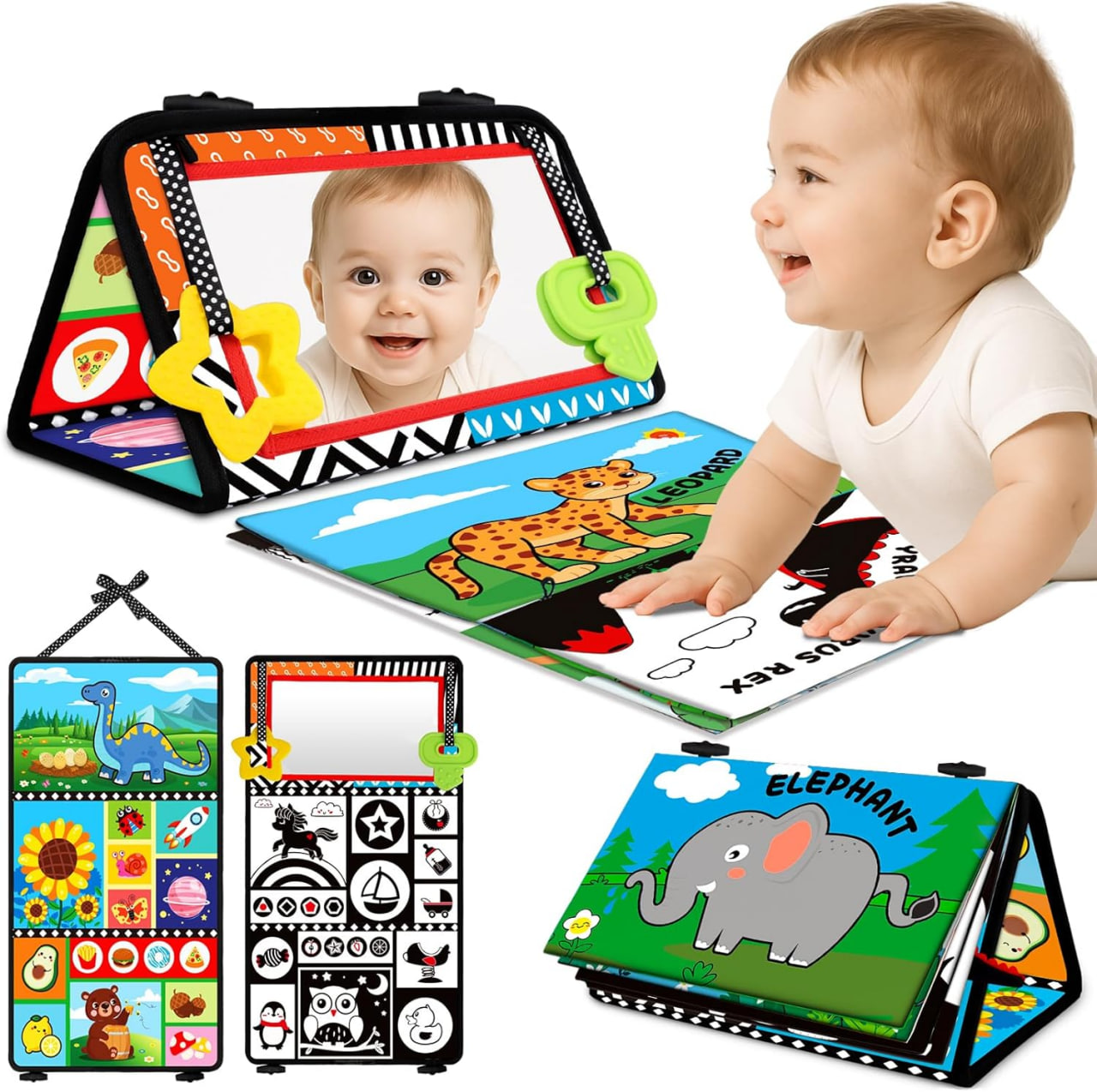 婴儿玩具 0-6 个月 - 俯卧时间玩具 黑白高对比新生儿玩具 - 婴儿镜子带布书牙胶 - 蒙特梭利感官褶皱玩具 适合 0-3-6-12 个月男婴女孩洗澡礼物