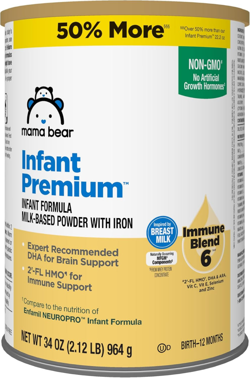 亚马逊品牌 - Mama Bear 婴儿高级牛奶基配方奶粉，含铁、2'FL HMO、Omega-3 DHA 和胆碱，促进大脑发育、生长和免疫力，非转基因，2.12 磅（1 包）